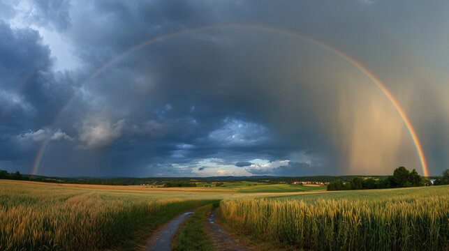 A Double Rainbow Arching Over a Field After a Storm
