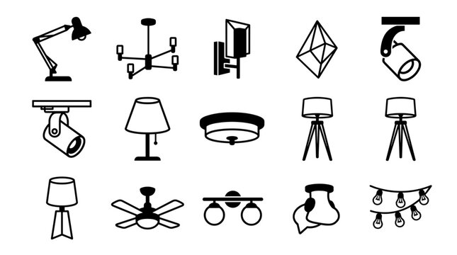 Collection of various lighting fixtures and lamps in a simple line art style