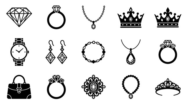 Collection of luxury jewelry and accessories icons including diamonds rings crowns necklaces bracelets watches and handbags