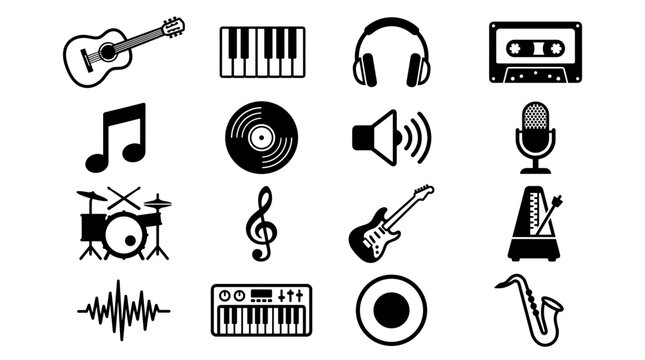 Collection of music icons and symbols for audio and sound related concepts