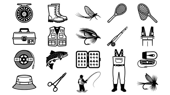 Fishing Gear Icons Set Vector Illustration Fly Fishing Equipment Collection