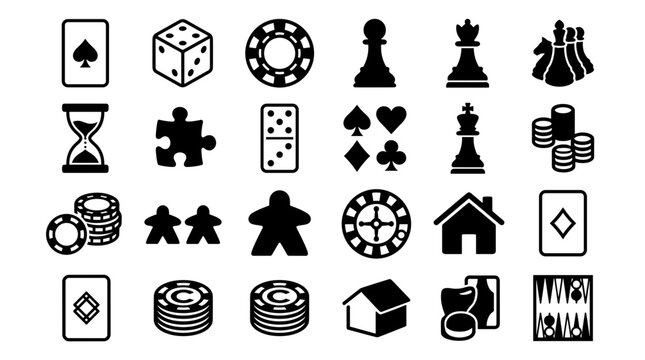 Collection of board game and casino icons in black and white silhouette style