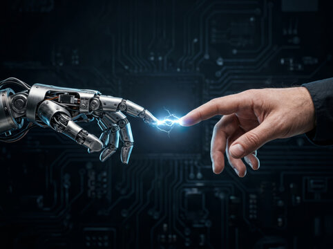 Close-up of a humanoid robot hand and a human hand nearly touching, with an electric arc bridging the gap, set against a dark background.