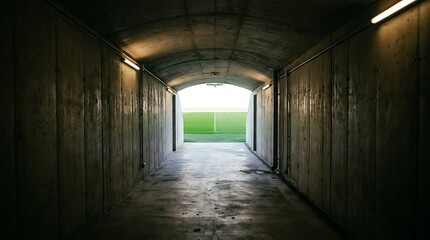 Fototapeta premium Dark concrete tunnel entrance leading towards bright green sports field showing view from underground passage into open stadium during daylight hours scene.