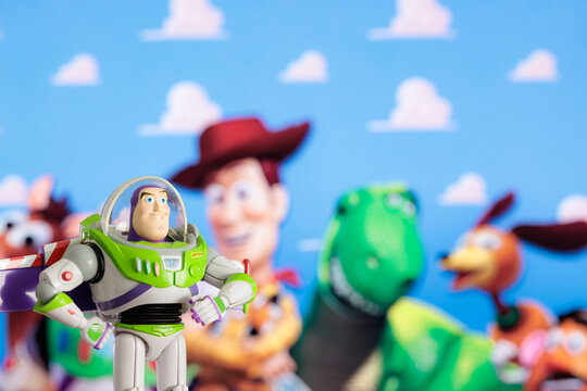 ISTANBUL, Turkiye - MAY 13 2026: Buzz Lightyear action figure character from the Toy Story movie Disney Pixar against TV background
