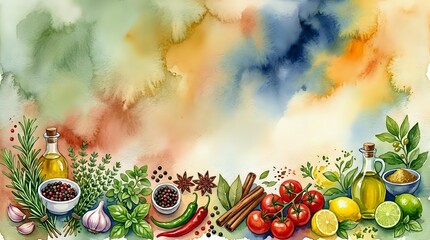 Fototapeta premium Watercolor herbs spices vegetables cooking ingredients border frame with colorful paint splashes background for culinary recipes menu design projects.
