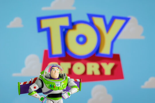 ISTANBUL, Turkiye - MAY 13 2026: Buzz Lightyear action figure character from the Toy Story movie Disney Pixar against TV background