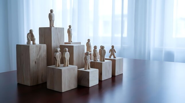 Wooden figurines arranged on geometric blocks creating hierarchy display on polished table near bright window for business leadership concepts.