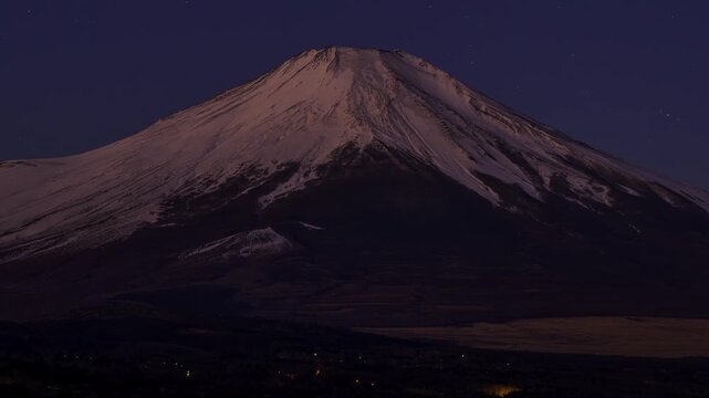 (HDR PQ 2100 10bit 4:2:2) - 4K Timelapse Close‑up of Red‑Lit Mount Fuji at Dawn with Faint Stars in the Early Morning Sky