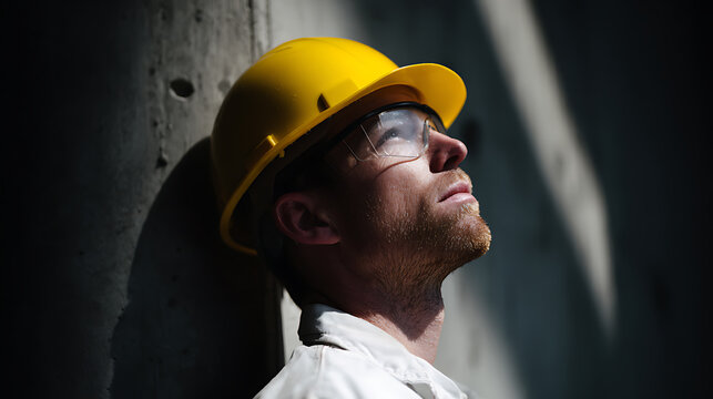 Focused worker in yellow hard hat and safety glasses looks up, illuminated by strong sunlight near a concrete wall on a construction site