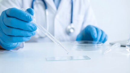 Fototapeta premium Lab technician handling a microscope slide with a pipette