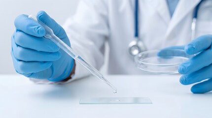 Fototapeta premium Scientist adding liquid sample to microscope slide in laboratory