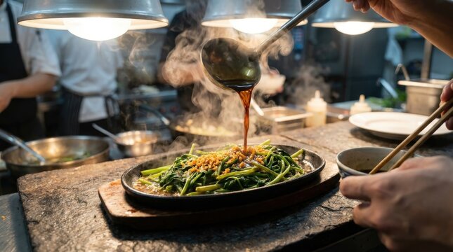 Fresh water spinach leaves sizzling on a hotplate topped with savory garlic bits, being drizzled with dark soy sauce in a professional restaurant kitchen, captured in a cinematic widescreen shot.
