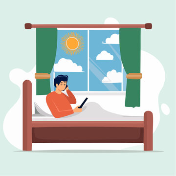 Man in Bed Talking on Phone with Sunny Day Outside Window