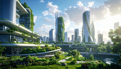 Naklejka premium Futuristic Green Cityscape - Sustainable Architecture and Lush Vegetation.