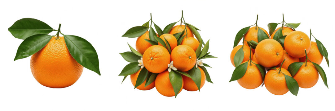 Fresh orange fruit set with green leaves isolated on transparent background. Whole oranges bunch and mandarin clementine heap collection PNG. Sweet citrus fruit clipart pack for food and beverage desi