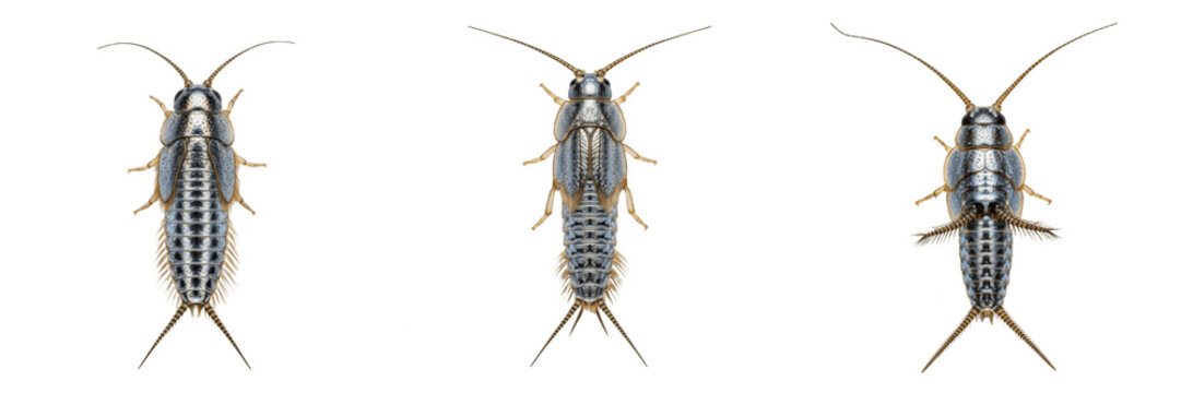 3D Render Silverfish Bug Set, Realistic Bristletail Insect Illustration, Pest Control Graphic, Lepisma Saccharina Collection, Household Wingless Pests Top View Pack, Isolated on Transparent Background