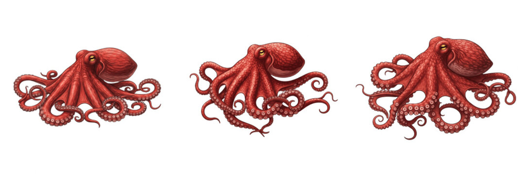 3D Render Red Octopus Set, Realistic Sea Monster Creature Illustration, Giant Squid Marine Animal Collection, Exotic Ocean Wildlife Pack with Tentacles, High Quality Stock Graphic Isolated on Transpar