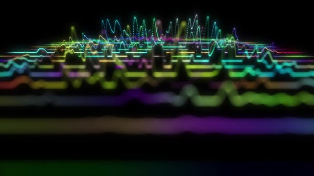 Abstract neon music background. Multicolored sound waves black background. Digital  color audio waveform rainbow colors endlessly rotates Looping. Scientifically shaped audio spectrum voice recording 