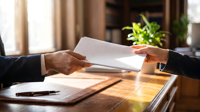 Handing over white envelope package for business contract or resignation concept on wooden desk.