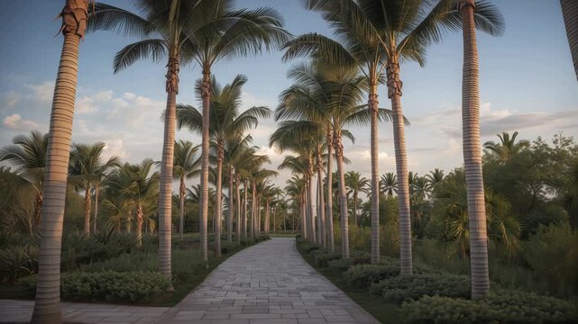 Palm tree avenue tropical walkway at golden hour sunset light with lush greenery serene pathway