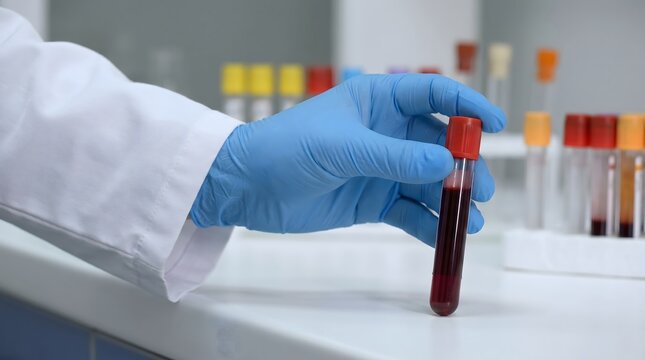 Healthcare professional holding blood sample in red top tube