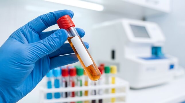 Laboratory technician holding blood sample in test tube