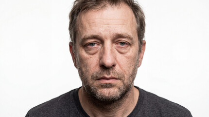 Fototapeta premium Close-up Studio Portrait of an Exhausted Middle-Aged Man with Weary Eyes and Facial Stubble Isolated on a White Background