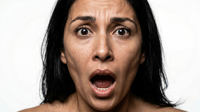 Close-up Portrait of a Shocked Middle-Aged Woman with Wide Eyes and Open Mouth Screaming in Surprise or Fear against a White Studio Background