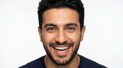 Obraz premium Close-up Portrait of a Joyful Young Middle Eastern Man with a Genuine Smile and Groomed Beard, Studio Headshot Isolated on Plain White Background