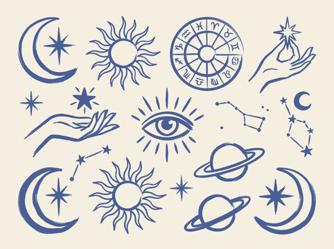 Mystical astrology doodle vector illustration with zodiac wheel sun moon hands eye planets and celestial magic icons