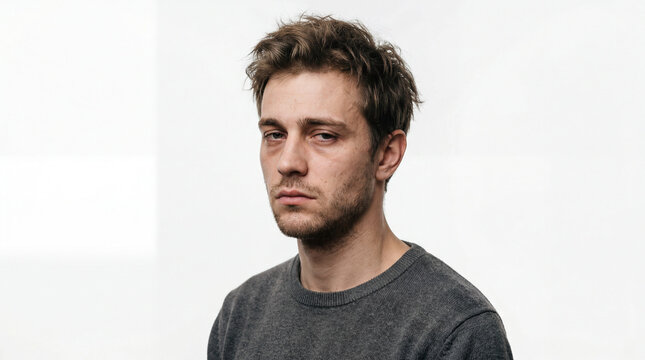 Exhausted Young Man with Messy Hair and Dark Eye Circles Looking Depressed and Fatigued in a Studio Portrait Against a Plain White Background