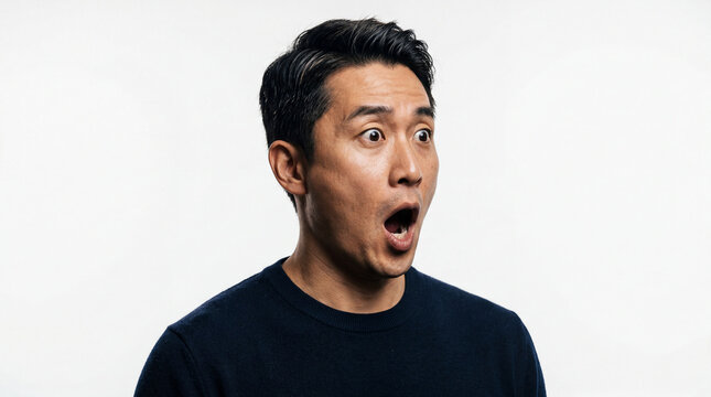 Surprised Mid-Adult Asian Man with Open Mouth and Wide Eyes Reacting in Disbelief, Studio Portrait Isolated on White Background