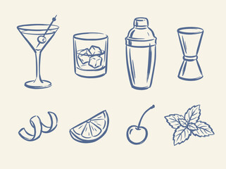 Cocktail drink doodle vector illustration with martini glass shaker jigger citrus garnish and hand drawn bar icons © Saad Hassan