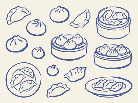 Dim sum dumplings doodle vector illustration with bao buns gyoza steamer basket and hand drawn Asian food icons
