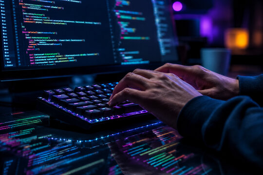 Close up of developer hands typing on backlit keyboard with colorful code reflections.