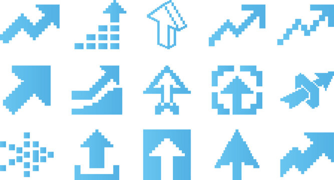 Upward moving blue pixel art arrow icons set for business growth and direction indicators.