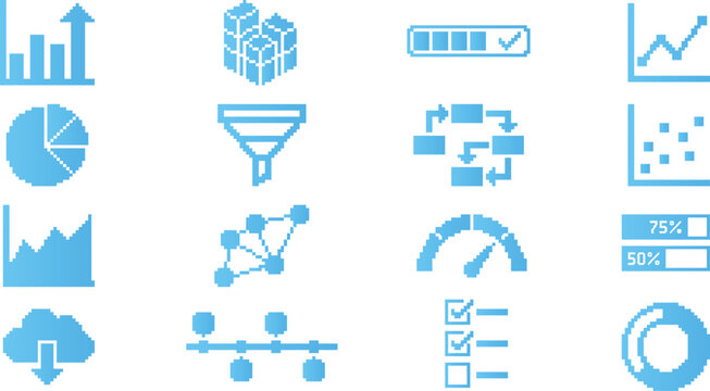 Pixel art data analytics icons with various charts and graphs for business information.