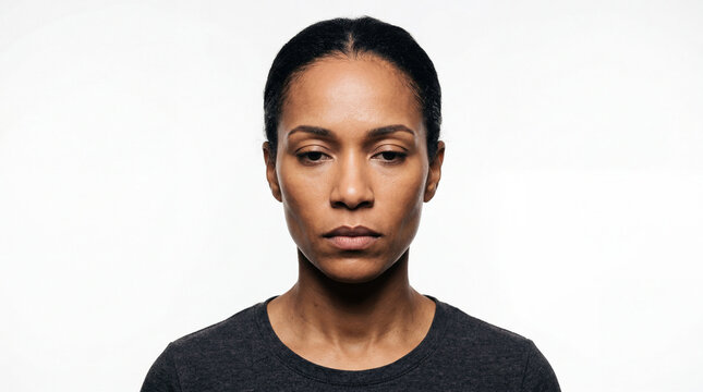Close-Up Studio Portrait of a Pensive African American Woman with Serious Expression Isolated on White Background for Mental Health and Identity Concept