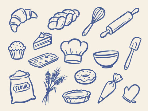 Bakery baking doodle vector illustration with croissant rolling pin chef hat flour bag and hand drawn pastry icons