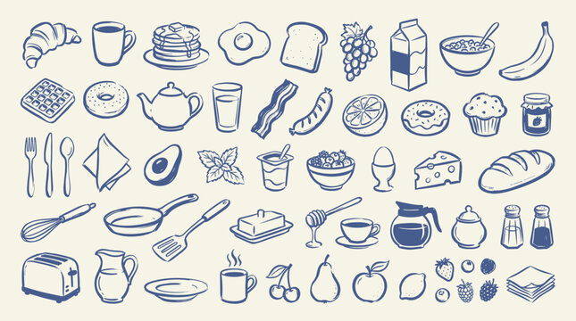 Breakfast food doodle vector illustration with hand drawn coffee bread fruit kitchen and morning meal icons