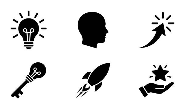 Innovation Icons Set, Idea Lightbulb, Rocket Launch, Success Arrow, Key, Star Award, Silhouette Head