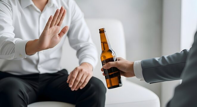 A person firmly refusing an offered beer bottle, demonstrating a clear boundary and commitment to sobriety in a counseling or support group setting, with a neutral tone.