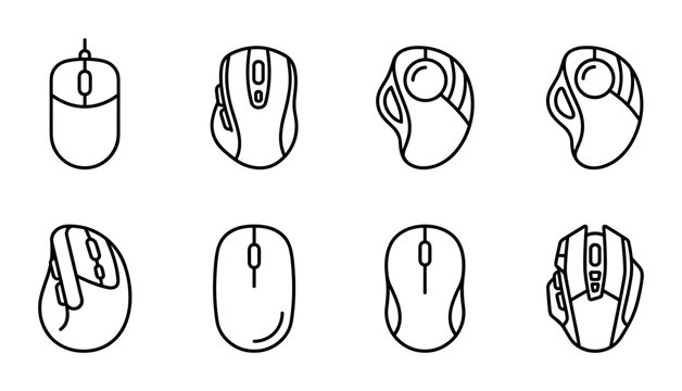 Computer Mouse Icons, Ergonomic & Gaming Peripherals, Technology Input Devices, Vector Set
