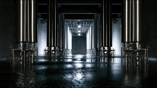 A dramatic video showcasing a dimly lit hallway with tables and chairs in a futuristic setting