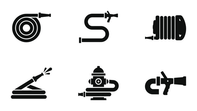6 Fire Hose Silhouette Icons Hydrant Nozzle Reel, Solid Black Style, Emergency Firefighting Equipment Set