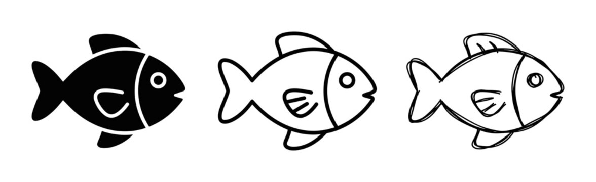 3 Fish silhouette icons set, solid black and outline style, seafood restaurant or fishing category