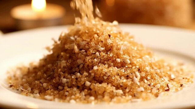 Close-Up View of Brown Sugar Being Sprinkled to Create an Artistic Mound on a White Plate, Perfect for Culinary and Food Photography
