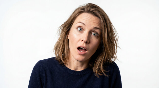 Portrait of a Shocked Mid-Adult Woman with Mouth Agape and Wide Eyes in Disbelief, Wearing a Navy Blue Sweater over a White Studio Background.