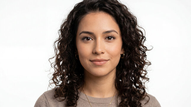 Professional Headshot of a Confident Young Woman with Curly Brunette Hair and a Friendly Smile Isolated on a White Background